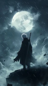 Lone white haired swordsman stands under stormy full moon.