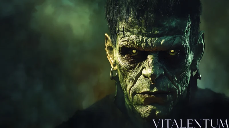 Monochromatic green creature portrait with high-detail skin mapping