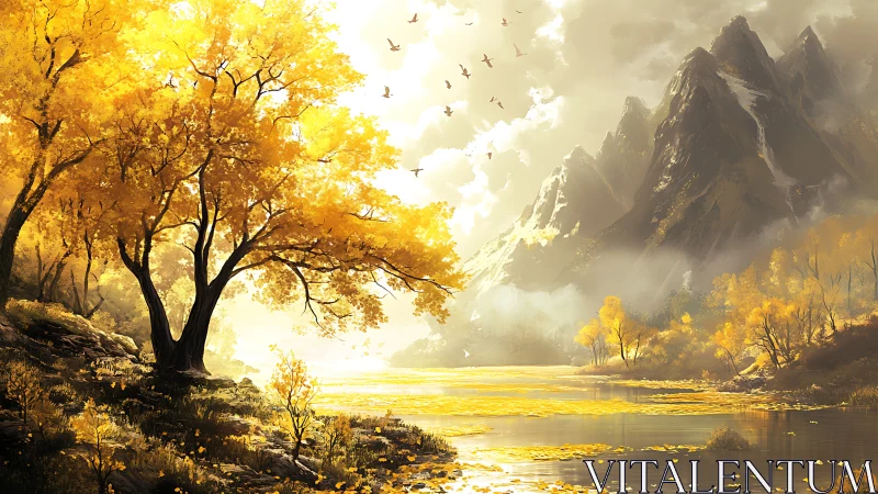 Backlit autumn valley renders golden foliage and misted peaks