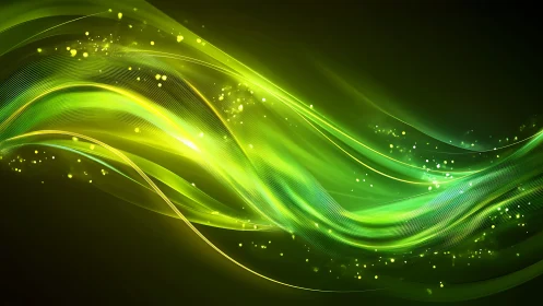 Green light waves curve across a dark abstract digital field