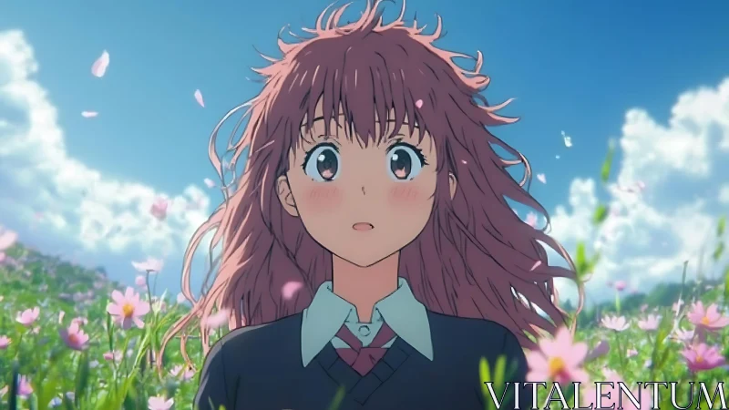 Anime schoolgirl faces windy flower field under bright sky