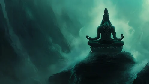 Meditative deity silhouette over misty emerald abyss.