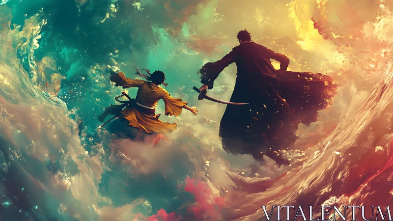 Two warriors clash within a cosmic storm of swirling light