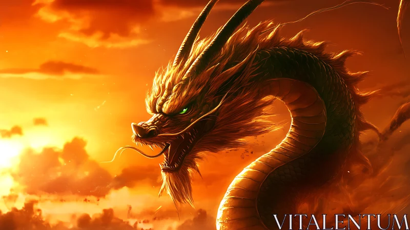 Fiery serpentine dragon arcs across a blazing cinematic sky