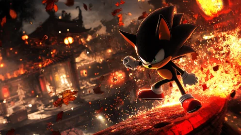 Shadow-like hedgehog in fiery autumn temple scene.