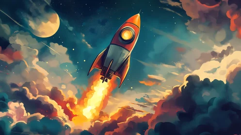 Rocket ascent through stylized clouds in night sky scene.