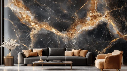 Modern living room with black and gold marble feature wall.