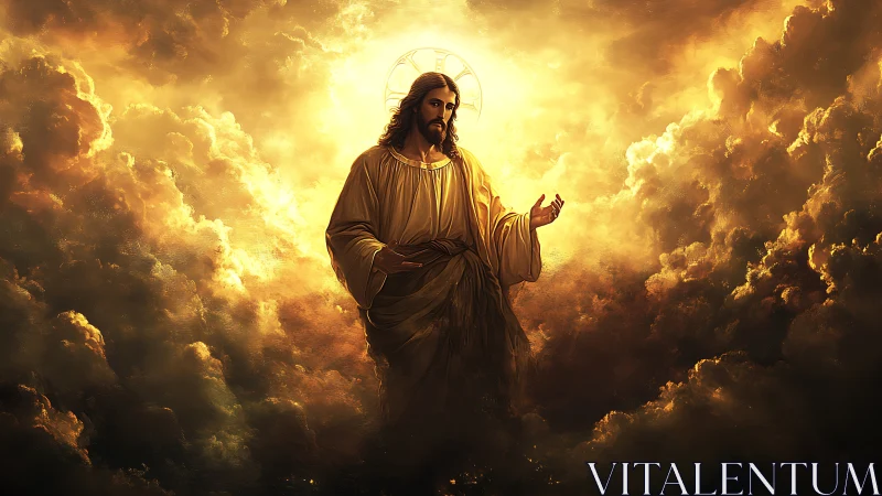 Radiant robed savior emerging through molten golden clouds.