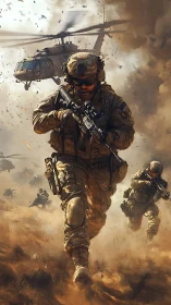 Dust and rotors: soldiers racing through the storm of war.