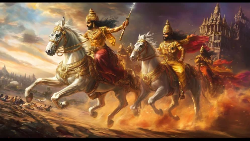 Warriors on white horses charging past ancient temple complex.