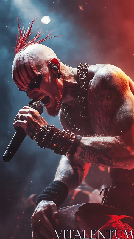 Tattooed metal vocalist screams under molten stage light.
