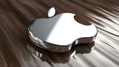 Chrome apple logo sculpture rests on reflective wood surface