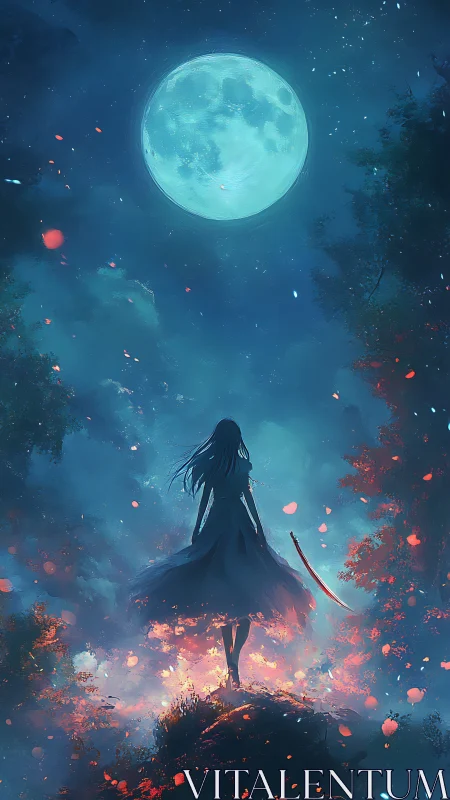 Moonlit blade dancer rises through emberdusted midnight forest.
