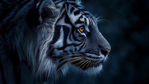 Midnight tiger gaze in sapphire shadows of the wild.