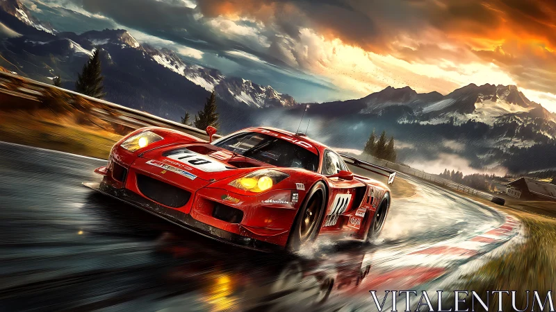 Red race car slides through wet alpine track at sunset