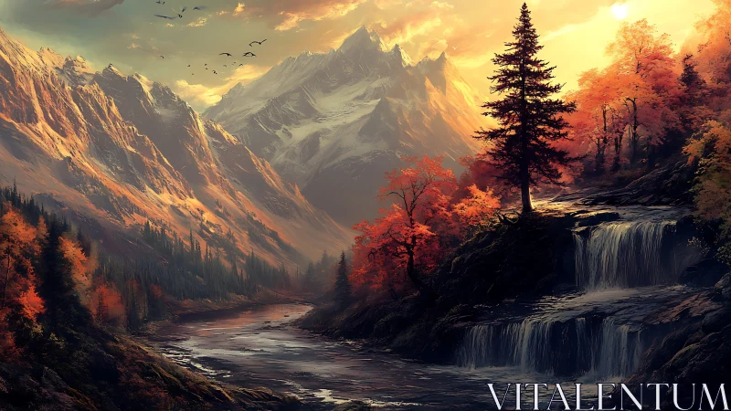 Autumn cascades beneath ember peaks in dreamlit mountain hush.