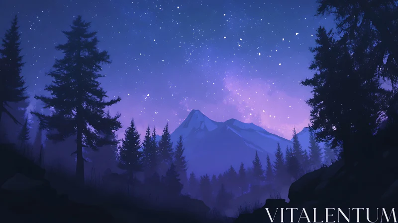 Mountain forest under starlit violet night sky.