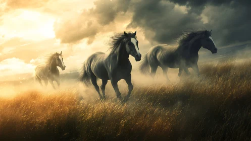 Three horses run through misty golden field at sunset