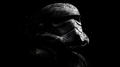 Weathered sci‑fi trooper helmet portrait in stark low key