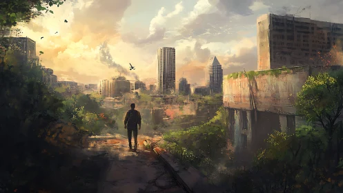 Lone wanderer greeting a sunlit, overgrown concrete kingdom.
