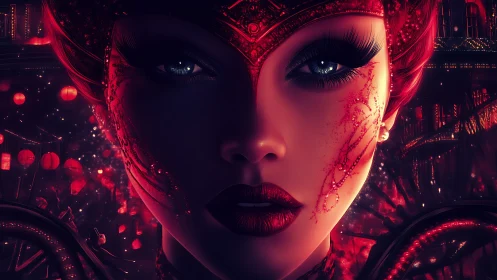 Digital portrait of masked woman in red illuminated setting.