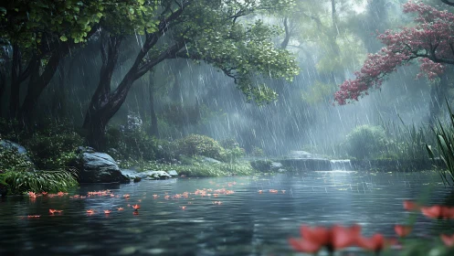 Rain-kissed forest pond cradling drifting crimson blossoms.