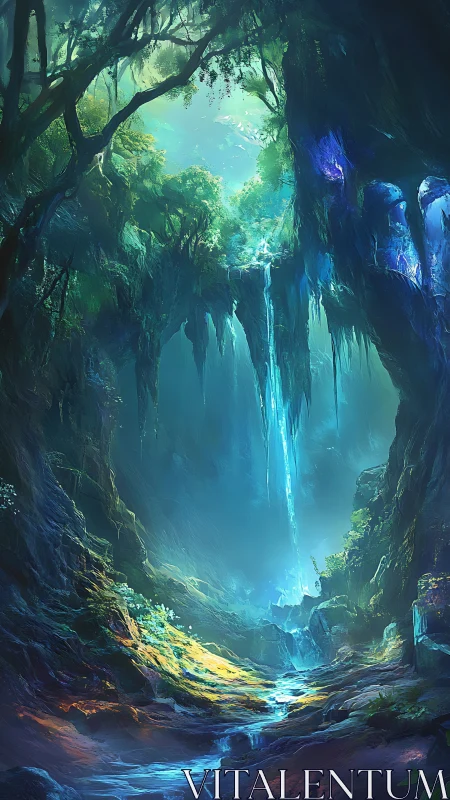 Luminous Cavern Waterfall in Enchanted Forest Grotto.