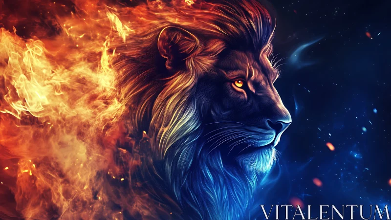 Majestic cosmic lion glowing between fire and starlight.