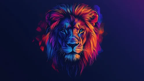Vibrant neon lion portrait glows against deep indigo void