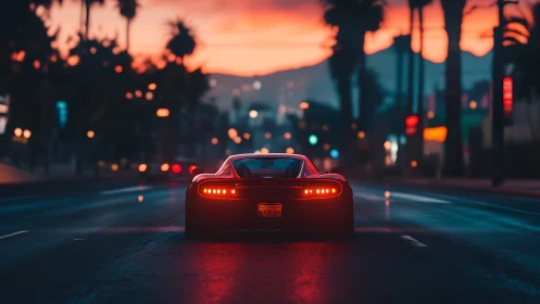 Sleek sports car on palm lined boulevard at sunset.