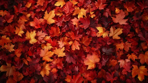Autumn maple leaves carpet with rich red and orange hues.