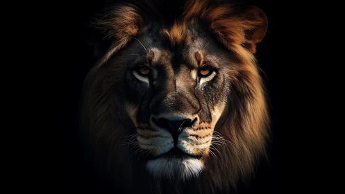 Low key frontal lion portrait with dramatic rim lighting