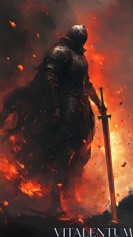 Flaming armored knight stands amid swirling inferno.