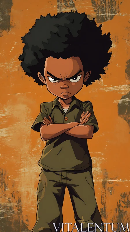 Defiant cartoon kid stands strong with arms folded boldly