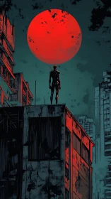 Lone rooftop sentinel under a blood-red urban moon.