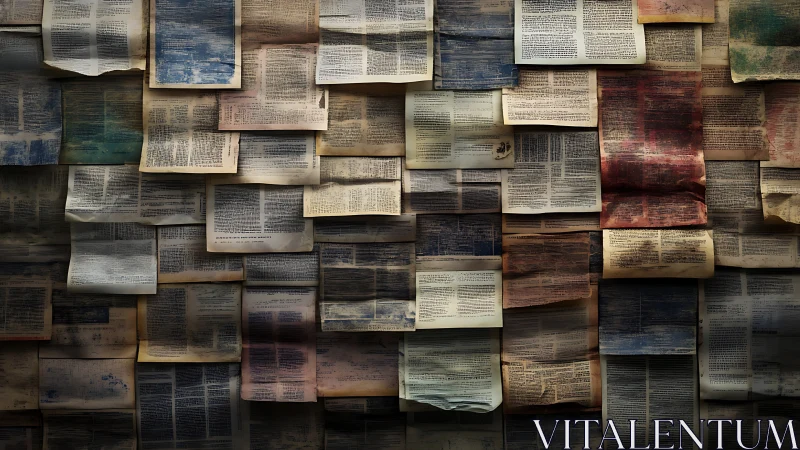 Aged text pages arranged in dense layered wall pattern.
