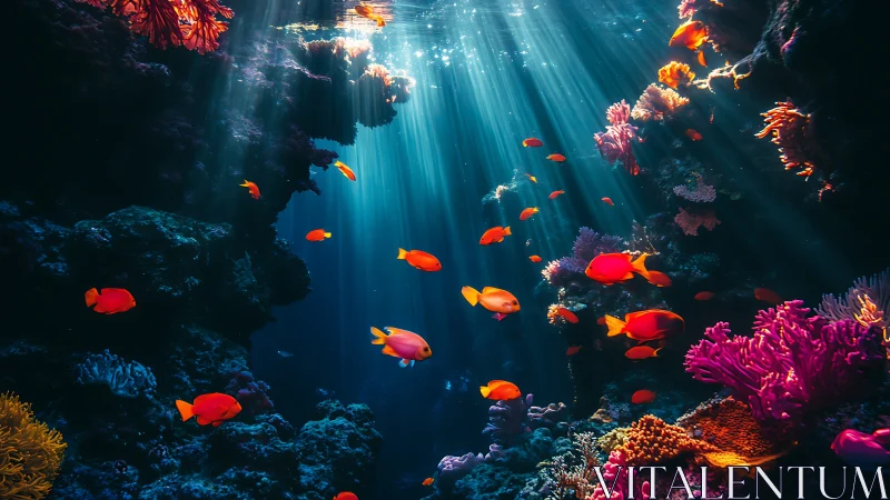 Sunlit coral reef teems with vivid orange tropical fish.
