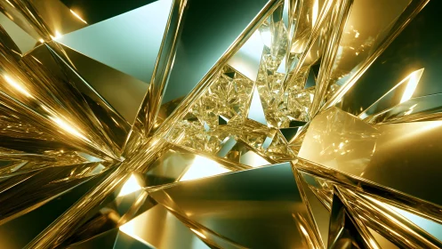 Abstract golden crystal shards with reflective geometric design.