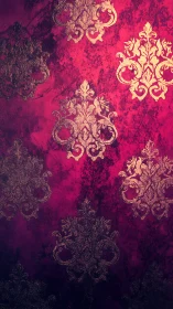 Ornate gold damask motifs shimmer on textured magenta ground