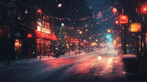 Snowy city street glowing with cozy holiday lights at night.