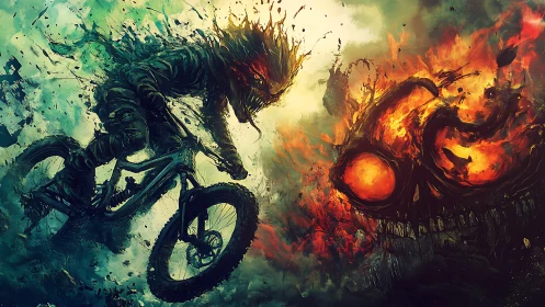 Cyclist silhouette confronting flaming skull entity in motion.