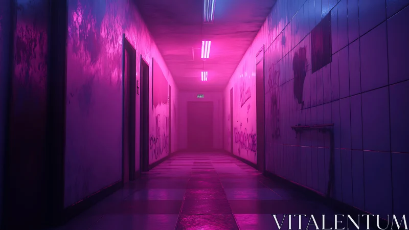 Neon pink corridor glows over vandalized tiled walls.