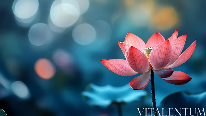 Red Lotus Bloom Against Blue Bokeh Background.
