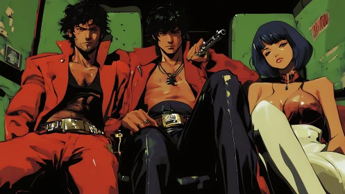 Three seated characters in stylized urban interior setting.