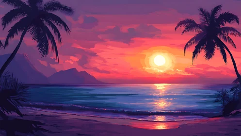 Sunset is depicted over calm ocean with silhouetted palms