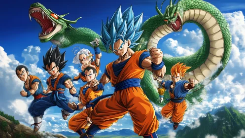 Dynamic anime heroes advance under coiling emerald dragon