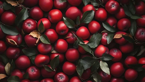 High-saturation red apples with scattered foliage in soft light