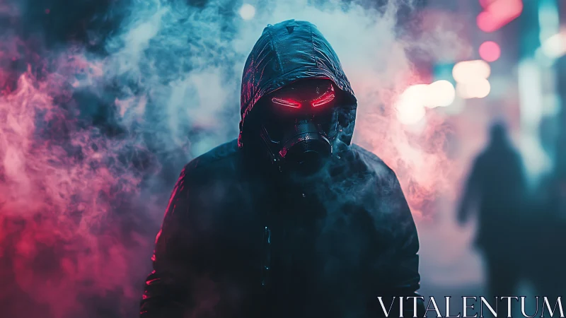 Hooded figure with neon gas mask in cyberpunk street fog.