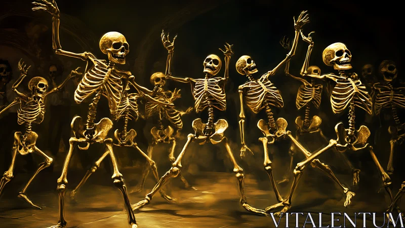 Joyful skeletons share a glowing midnight ballroom dance