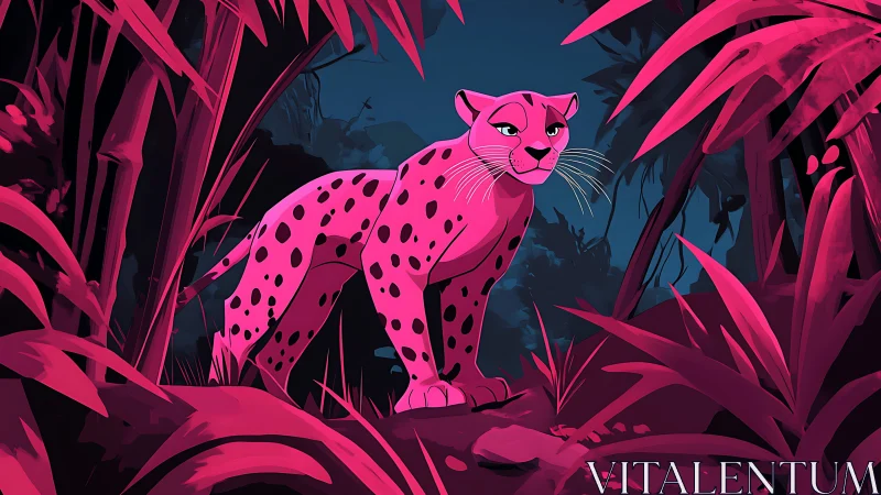 Stylized leopard with hot pink coloration amid vegetation.